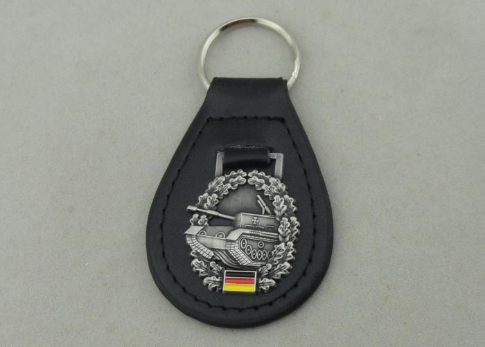 Quality Zinc Alloy Die Casting Personalized Leather key Chains With Antique Silver Plating Emblem wholesale