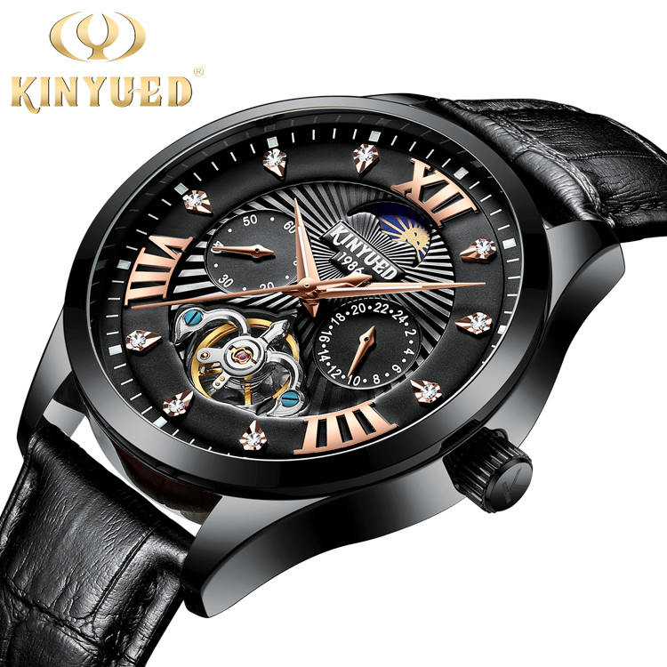 China Brand KINYUED Mechanical mens watch luxury luminous moon phase skeleton watch automatic mechanical watch on sale