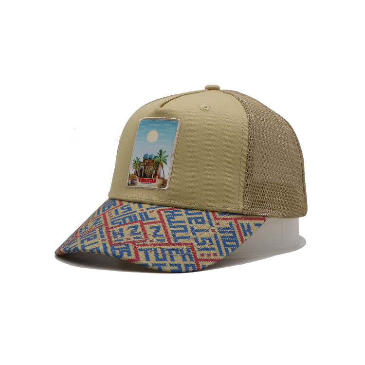 Quality Printed Patch 5 Panel Baseball Cap Light Yellow Polyester And Mesh wholesale