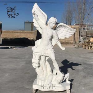 China Famous Marble Angel Statue Saint Michael The Archangel Slaying Demon Stone Garden Sculpture on sale