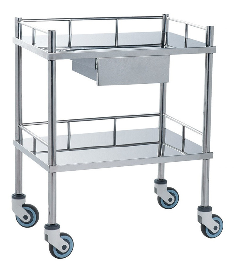 Movable Medical Clinical Trolley Stainless Steel With Two Shelves And One Drawer
