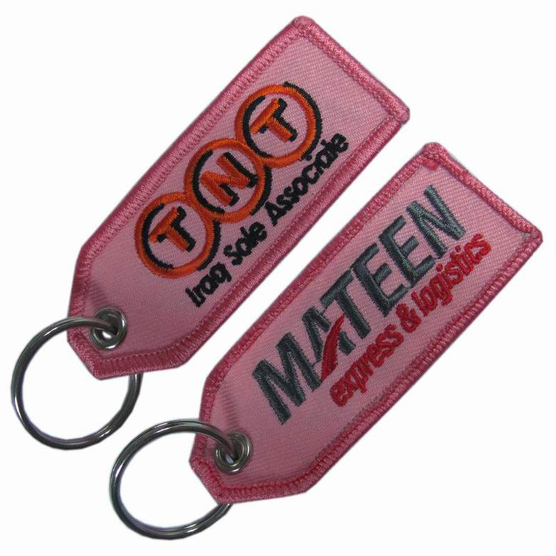 Quality PMS Twill Felt Embroidered Keychain Embossed Merrow Border Hang Tag 130×30mm wholesale