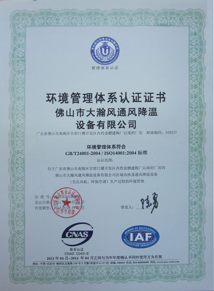 DHF Ventilation Decrease Temperature Equipment Co.,Ltd Certifications