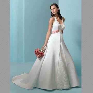 Quality Satin Lace Bridal Gown, Crystal Beading, Halter Neckline, Empire Waist and Lace-Up Bodice Back wholesale