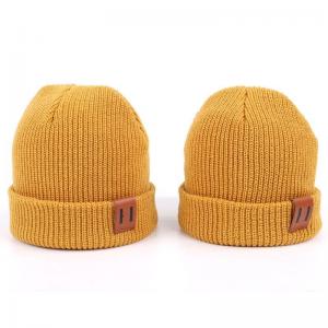 Quality Leather Patch Knit Beanie Hats Custom Design Warm Hat Cap Yellow Beanie Hats wholesale
