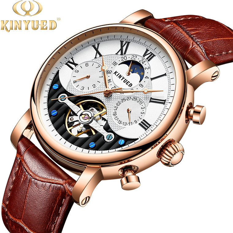 China KINYUED Factory Customized Clock Movement Moon Phase Leather Strap Watch Mens Automatic Watch on sale
