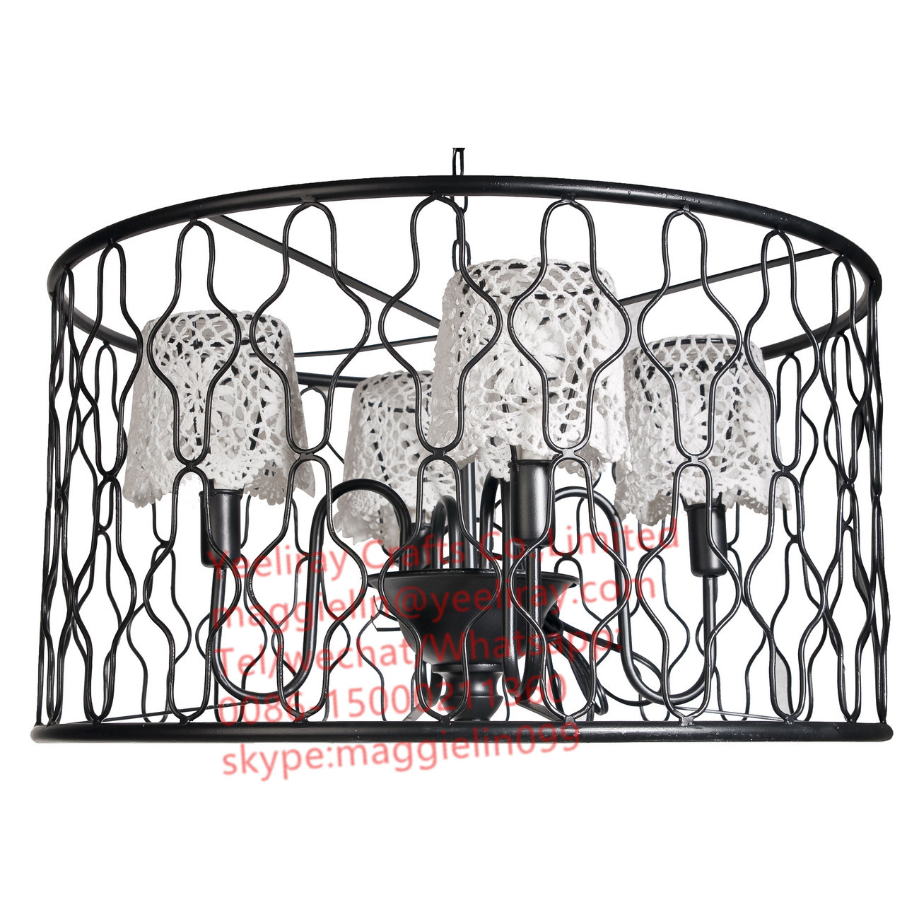 China YL-L1025 Loft retro American industrial engineering black iron chandelier with lace lampshade for Bar Internet cafes on sale