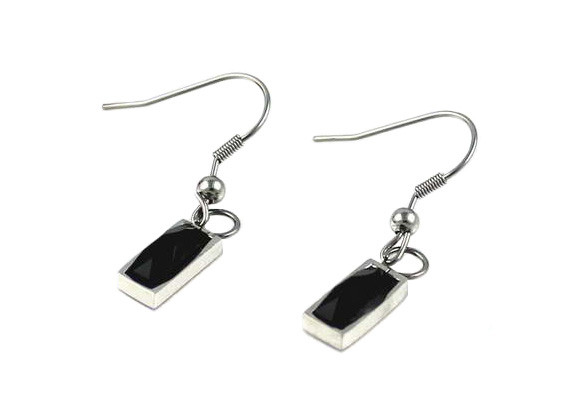 Quality Flat Oblong Stainless Steel Drop Earrings With Jet Crystal Silver Plated wholesale