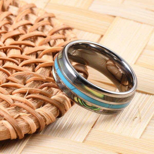 Third Party Appraisal Certified 8mm Abalone Shell Turquoise Inlay Tungsten Silver Wedding Band for Men