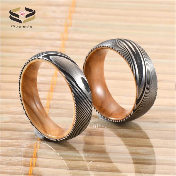 Etched Wedding Damascus Steel Rings Olive Wood Sleeve Inlayed 6mm 8mm For Christmas Gift