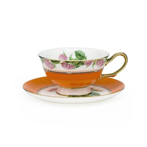 Pink Floral Design Porcelain Cups Decal Luxury Coffee Tea Cup And Saucer With Colorful Rim