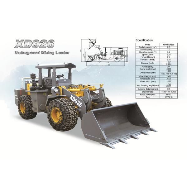 Underground wheel loader XD926 rated load 2.0ton with 1cbm bucket capacity
