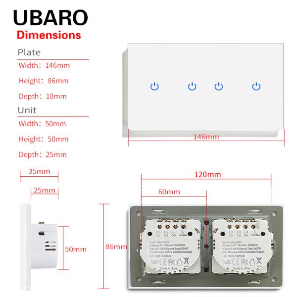 4 Gang Touch Light Switch White Black Grey Gold Smart Wall Switch