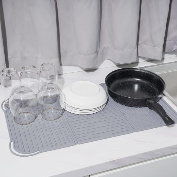 Silicone Collapsible Trifold Dish Drying Mat For Kitchen Counter Extra Large Dish Drainer Mat Compact &Foldable Design