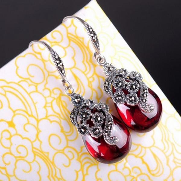 Retro Jewelry Thai 925 Silver with Marcasite Garnet Earrings(LR1036RED)