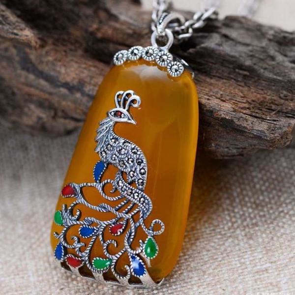 Retro Thailand Sterling Silver Synthesized Yellow Chalcedony Pendant Necklace(052775W)