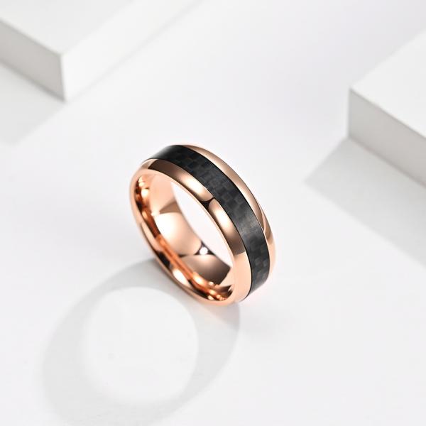 Natural Rose Gold Plated Ring Wedding Men Stainless Steel And Carbon Fiber Ring