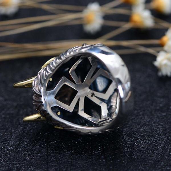 Sterling Silver Brass 2 Tone Dragon Head Engraved Vintage Ring for Men(059118)