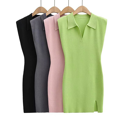 Fashionable Style Polo Neck Buttock Skirt Open Knit Short Dress For Women