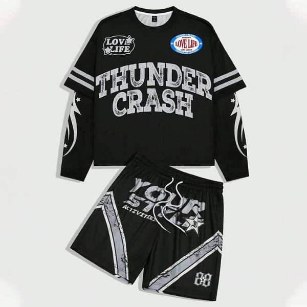 Custom Long Sleeve Double Layer t Shirt Screen Print Jersey Summer Short Set Stripe Mesh Jersey Boxy Crop Tshirt and Shorts Set