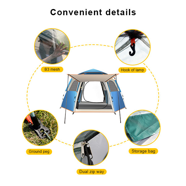 Outdoor Hexagon Camping Tent Automatic Pop Up Tents Blue Large Tents
