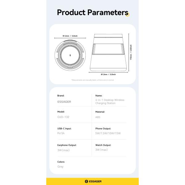 ESSAGER OJD-132 Foldable 4 In 1 15W Magnetic Wireless Charger Stand Station With Led Light For Watch Earphone Phone