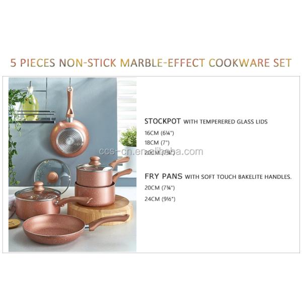 5 Pieces Marble Cast Aluminum Non Stick Fry Pan And Pot Cookware Set