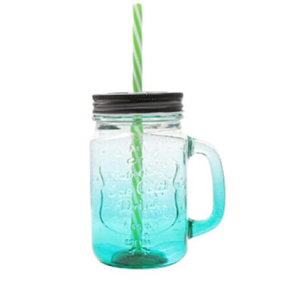 ODM Coloured Glass Coffee Cups 16 Oz Mason Jar Straw Lid Wide Mouth