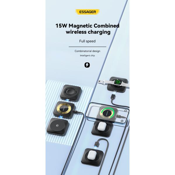ESSAGER Waves 3 in 1 Wilress Charger 15W Best Fast Charging Wireless Phone Charger