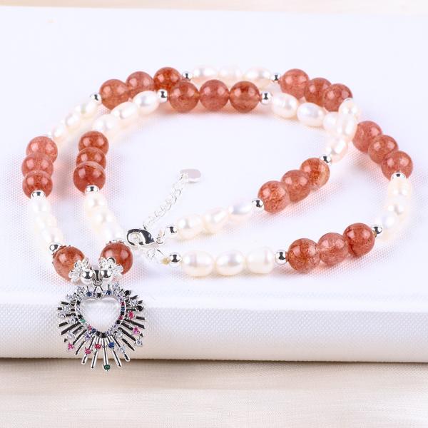 Women Strawberry Quartz 5mm White Freshwater Pearl Necklace