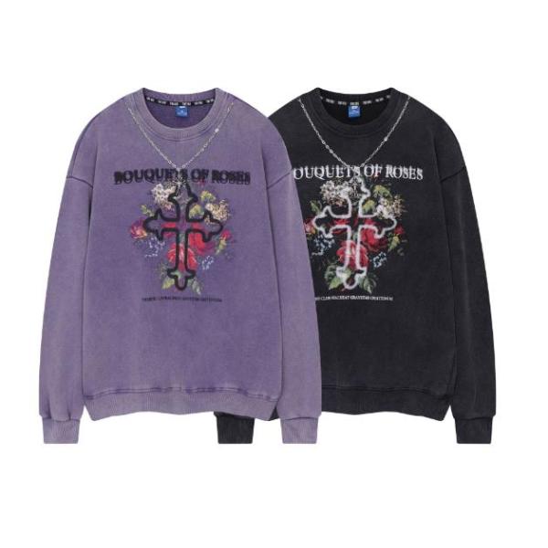 Small Quantity Clothing Manufacturer Men'S Necklace Long Sleeve French Terry Sweatshirt With Vintage Wash