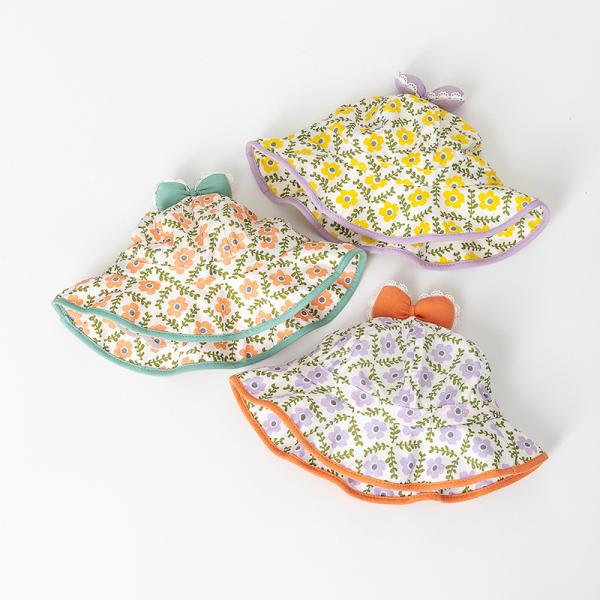 Floral Wavy Bound Cotton Children'S Bucket Hat with bow For Outdoor Sun Protection