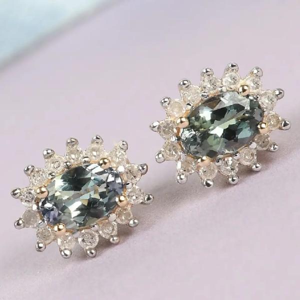 14K Yellow Gold Jewelry CZ Halo Oval Cut Premium Green Tanzanite Stud Earrings Women's Classic Earrings