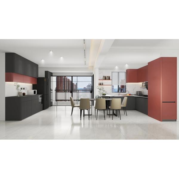Fadior Stainless Steel Modular Kitchen Cabinets – Modern Matte Black And Terracotta Red With L-Shaped Design