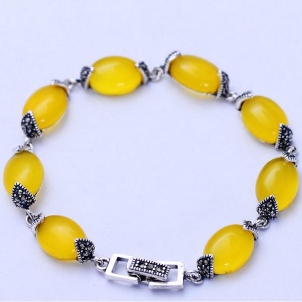 Thai 925 Vintage Sterling Silver Yellow Cubic Zircoina Tennis Bracelet (055728)