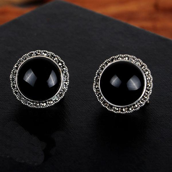 Thai Silver Jewelry 18mm Black Onyx with Marcasite Vintage Earrings (E11066)