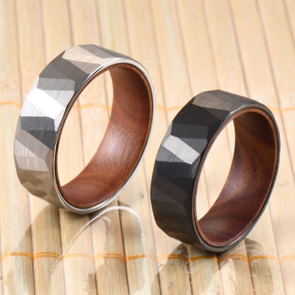 8mm Faceted Silver Black Iron Wood Sleeve Inlay Tungsten Ring Plating black for Men Women Inlay technology Channel setting