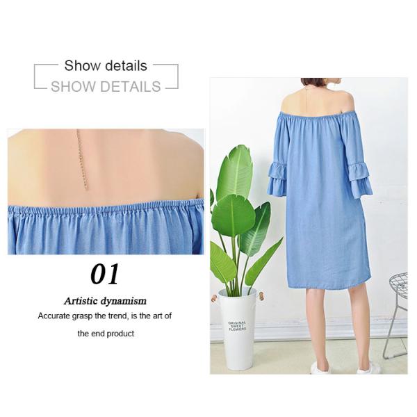 Young Ladies Denim Shirt Dress Off Shoulder Bat Wing Long Sleeve KneeLength