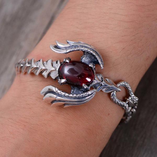 Handmade Sterling Silver Chain Link Phoenixes Synthetic Garnet Charm Women Bracelet (014902)