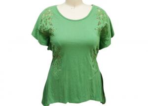 Quality Ladies Short Sleeve T Shirts , Womens Green Shirt Blouse Hollow Embroidery Lace Inside wholesale