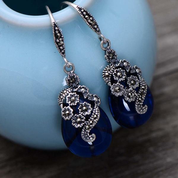 Women Retro Sterling 925 Silver Synthetic Sapphire Marcasite Drop Earrings (029331)