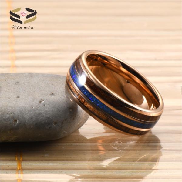 Rose Gold Plated Tungsten Carbide Ring with Koa Wood and Blue Opal Inlay Unisex 8mm Fashion Jewelry Wedding Bands Rings