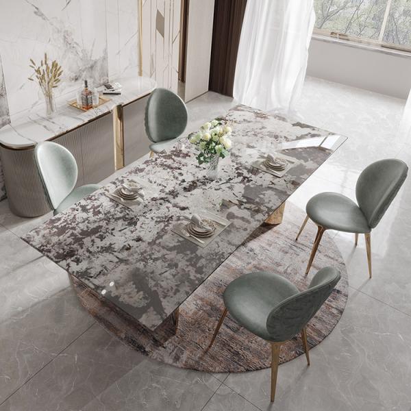 Smooth Surface Rock Board Dining Table ODM Grey Metal Base Grey Marble