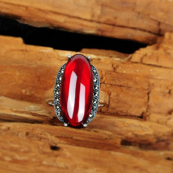 Thai Sterling Silver Oval Created Garnet Marcasite Ring (R121402)