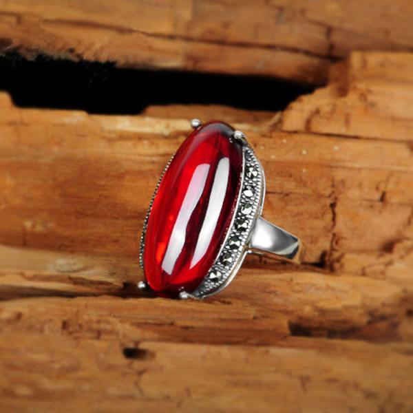 Thai Sterling Silver Oval Created Garnet Marcasite Ring (R121402)