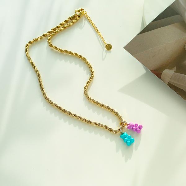 Brass Gold Plated Necklace And Earring Set Drip Oil Cute Teddy Bear Necklace
