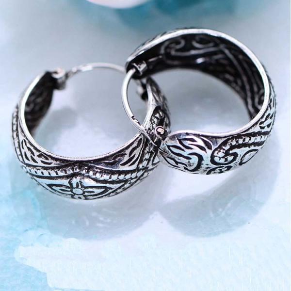 Sterling Silver Vintage Handmade Engraved Designs Hoop Earrings(057584W)