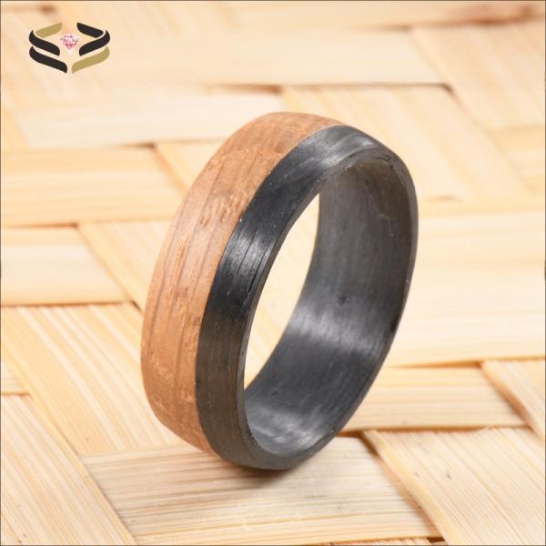 Wedding Dome Black Carbon Fiber Ring Natural Charred Whiskey Barrel Wood Inlayed For Men