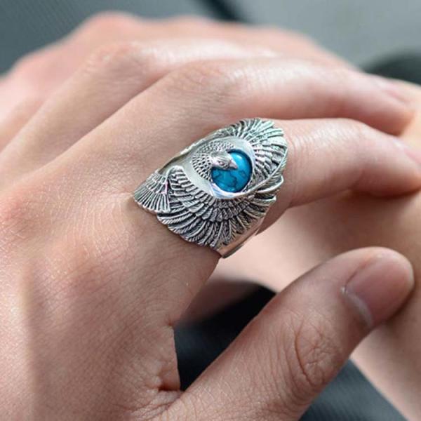 Thai Silver Eagle Vintage Style Men's Ring with Turquoise (R6030809)