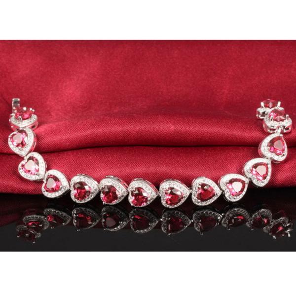 Fashion Platinum Plated Links Chain Heart Shape Red Cubic Zirconia Tennis Bracelet (JDS949RED)